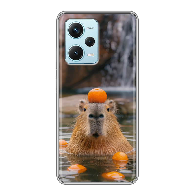 Силиконовый противоударный чехол на Xiaomi RedMi Note 12 Pro Plus с принтом Капибара с апельсином Силиконовый противоударный чехол на Xiaomi RedMi Note 12 Pro Plus с принтом Капибара с апельсином