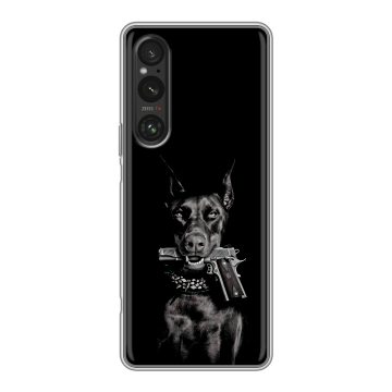 Силиконовый чехол на Sony Xperia 1 V с принтом Доберман и пистолет Силиконовый чехол на Sony Xperia 1 V с принтом Доберман и пистолет