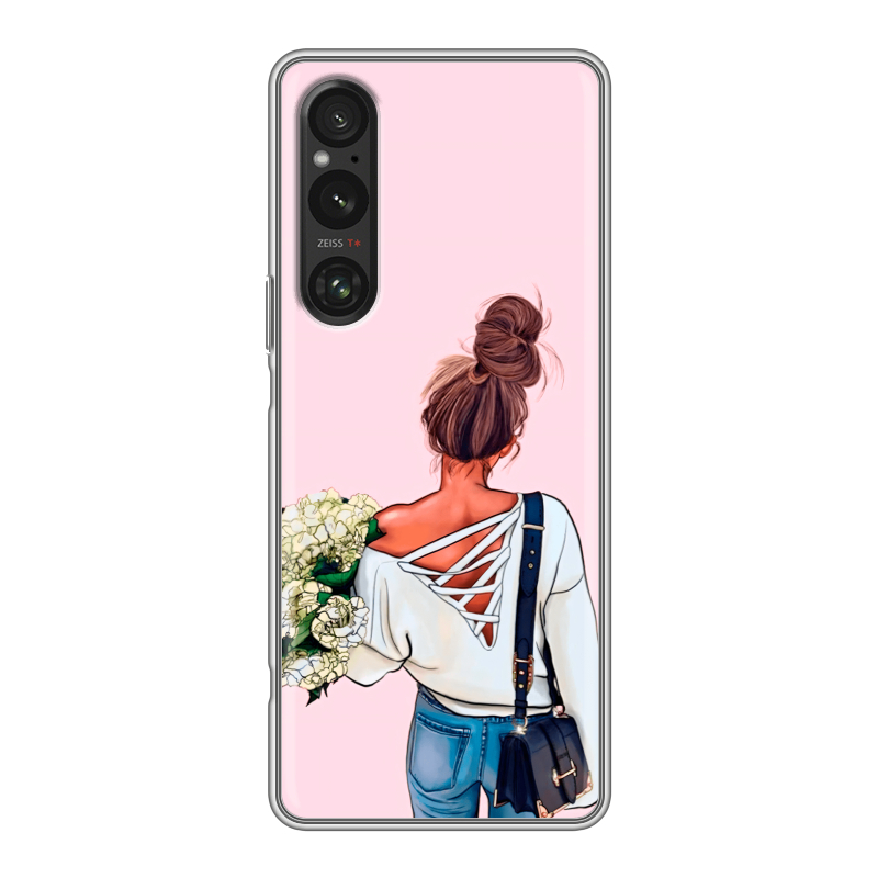Силиконовый противоударный чехол на Sony Xperia 1 V с принтом Девушка и букет Силиконовый противоударный чехол на Sony Xperia 1 V с принтом Девушка и букет