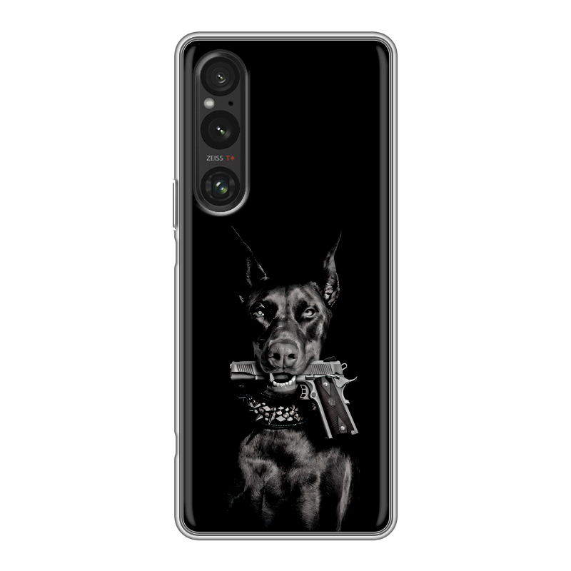 Силиконовый противоударный чехол на Sony Xperia 1 V с принтом Доберман и пистолет Силиконовый противоударный чехол на Sony Xperia 1 V с принтом Доберман и пистолет