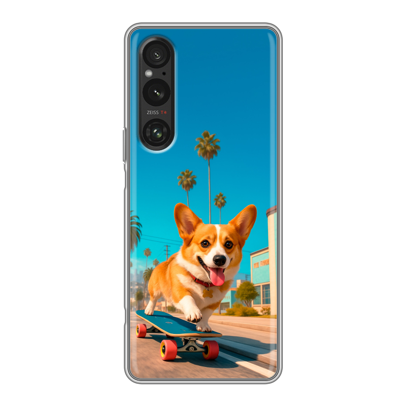 Силиконовый противоударный чехол на Sony Xperia 1 V с принтом Корги на скейте Силиконовый противоударный чехол на Sony Xperia 1 V с принтом Корги на скейте