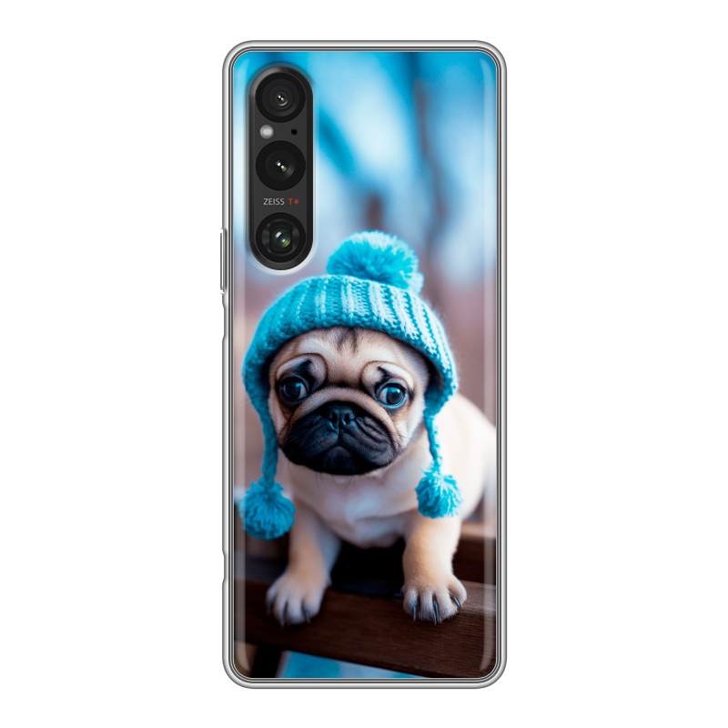 Силиконовый чехол на Sony Xperia 1 V с принтом Мопс в шапке Силиконовый чехол на Sony Xperia 1 V с принтом Мопс в шапке