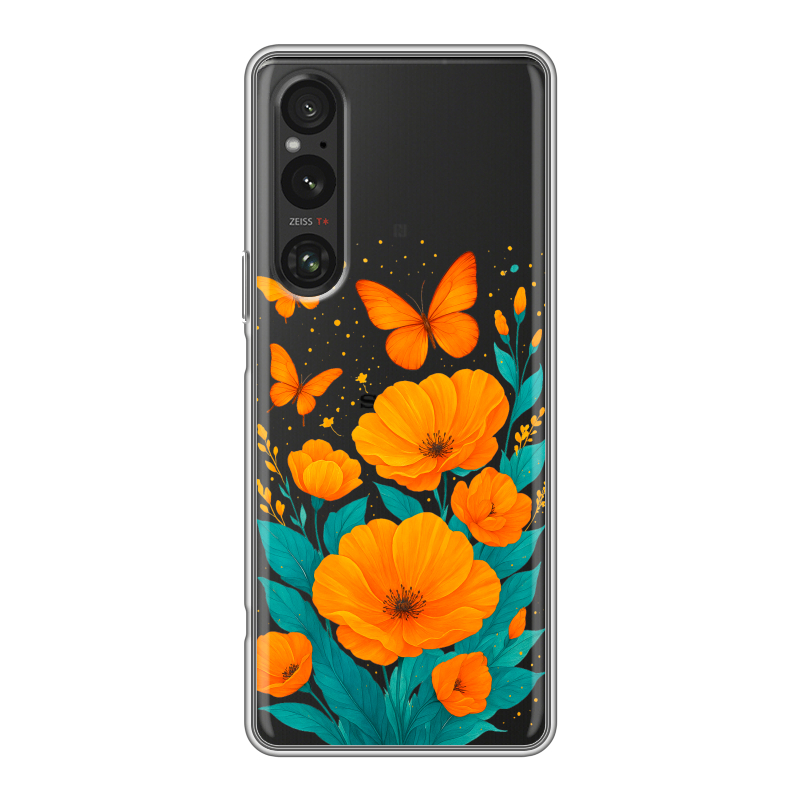 Силиконовый противоударный чехол на Sony Xperia 1 V с принтом цветы бабочки Силиконовый противоударный чехол на Sony Xperia 1 V с принтом цветы бабочки