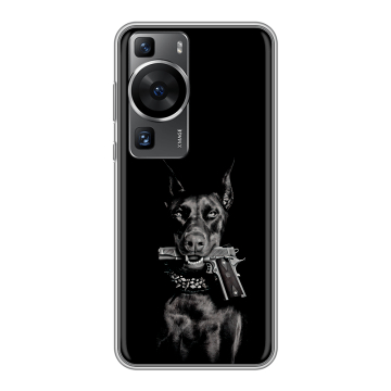 Силиконовый чехол на Huawei P60 Pro с принтом Доберман и пистолет