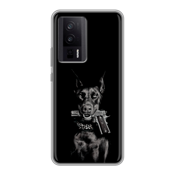 Силиконовый чехол на XIaomi Poco F5 Pro с принтом Доберман и пистолет Силиконовый чехол на XIaomi Poco F5 Pro с принтом Доберман и пистолет