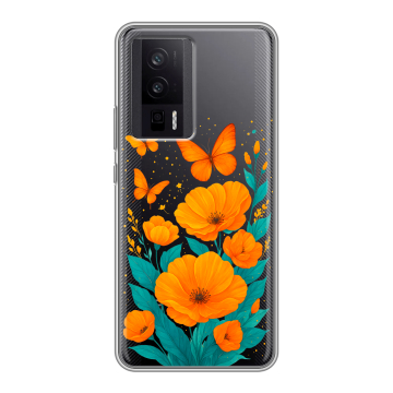 Силиконовый чехол на XIaomi Poco F5 Pro с принтом цветы бабочки Силиконовый чехол на XIaomi Poco F5 Pro с принтом цветы бабочки