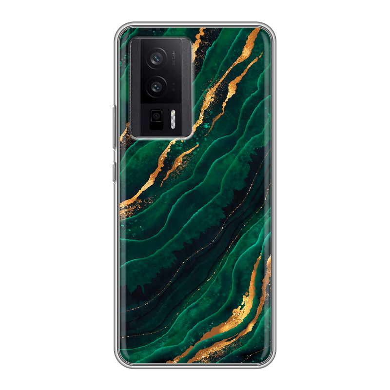 Силиконовый противоударный чехол на XIaomi Poco F5 Pro с принтом Мрамор зеленое золото Силиконовый противоударный чехол на XIaomi Poco F5 Pro с принтом Мрамор зеленое золото