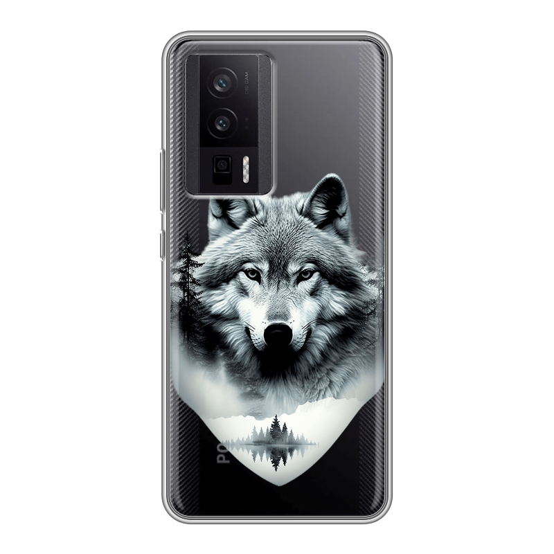 Силиконовый чехол на XIaomi Poco F5 Pro с принтом Волк в лесу Силиконовый чехол на XIaomi Poco F5 Pro с принтом Волк в лесу