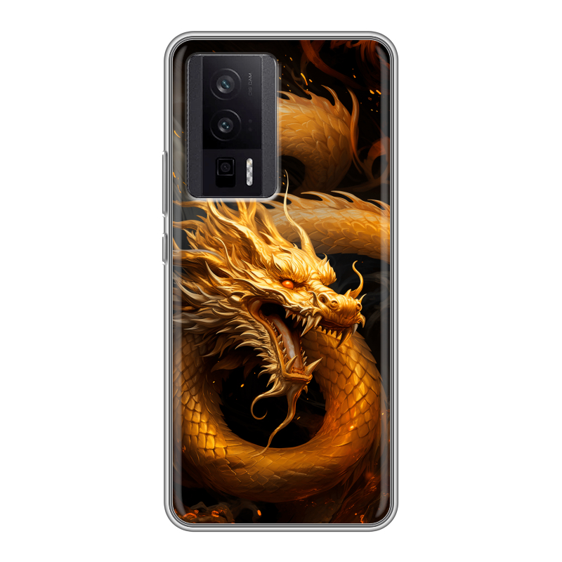 Силиконовый противоударный чехол на XIaomi Poco F5 Pro с принтом Золотой дракон Силиконовый противоударный чехол на XIaomi Poco F5 Pro с принтом Золотой дракон