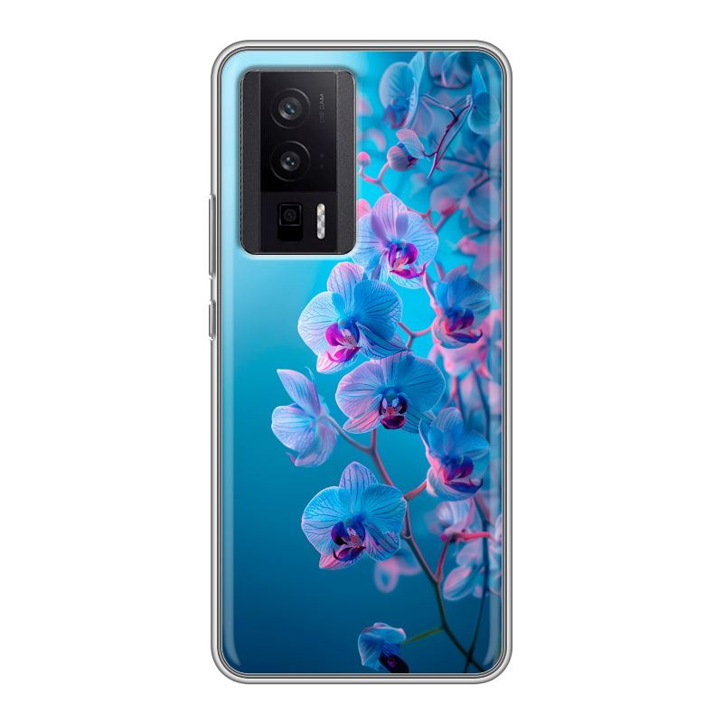 Силиконовый противоударный чехол на XIaomi Poco F5 Pro с принтом голубые орхидеи Силиконовый противоударный чехол на XIaomi Poco F5 Pro с принтом голубые орхидеи