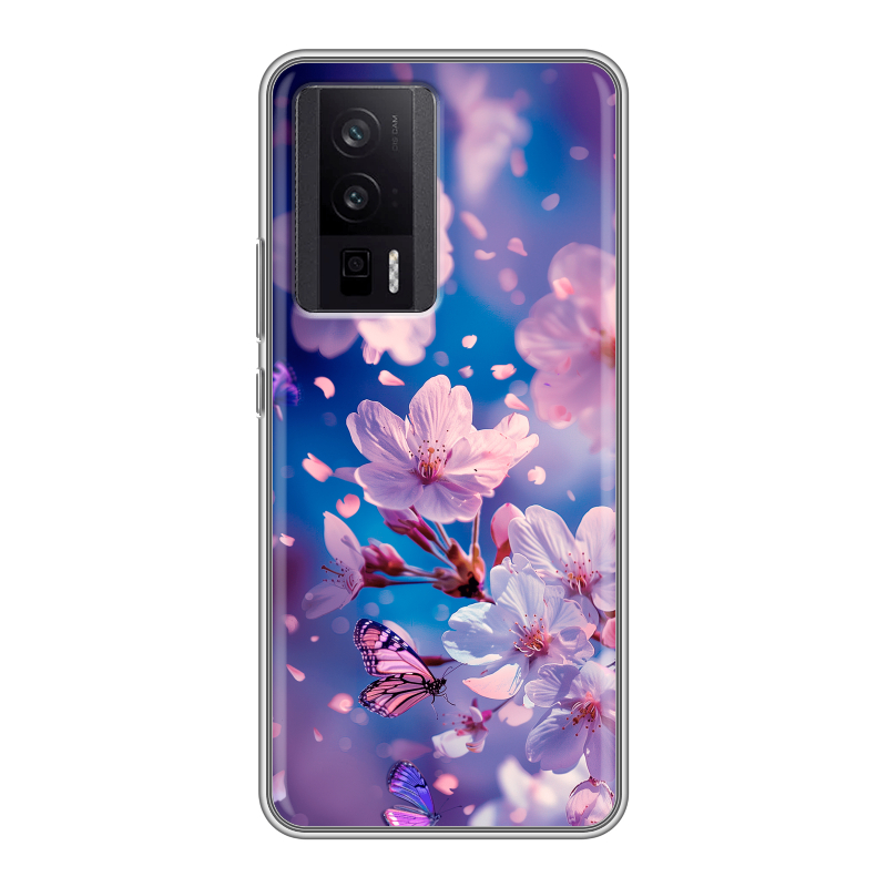 Силиконовый противоударный чехол на XIaomi Poco F5 Pro с принтом цветы бабочки Силиконовый противоударный чехол на XIaomi Poco F5 Pro с принтом цветы бабочки