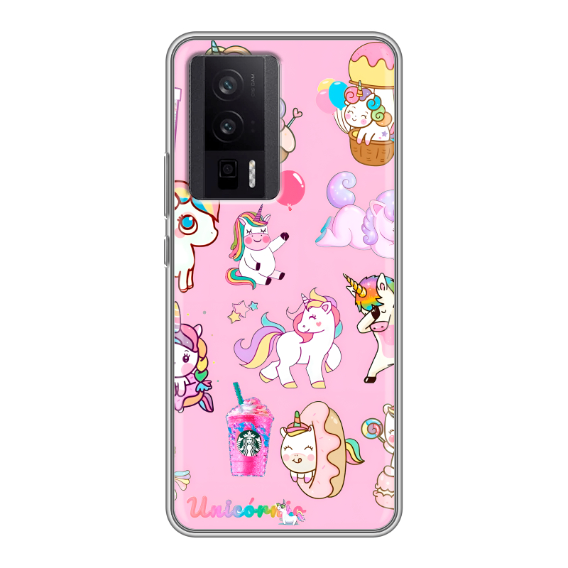 Силиконовый чехол на XIaomi Poco F5 Pro с принтом розовые единороги Силиконовый чехол на XIaomi Poco F5 Pro с принтом розовые единороги
