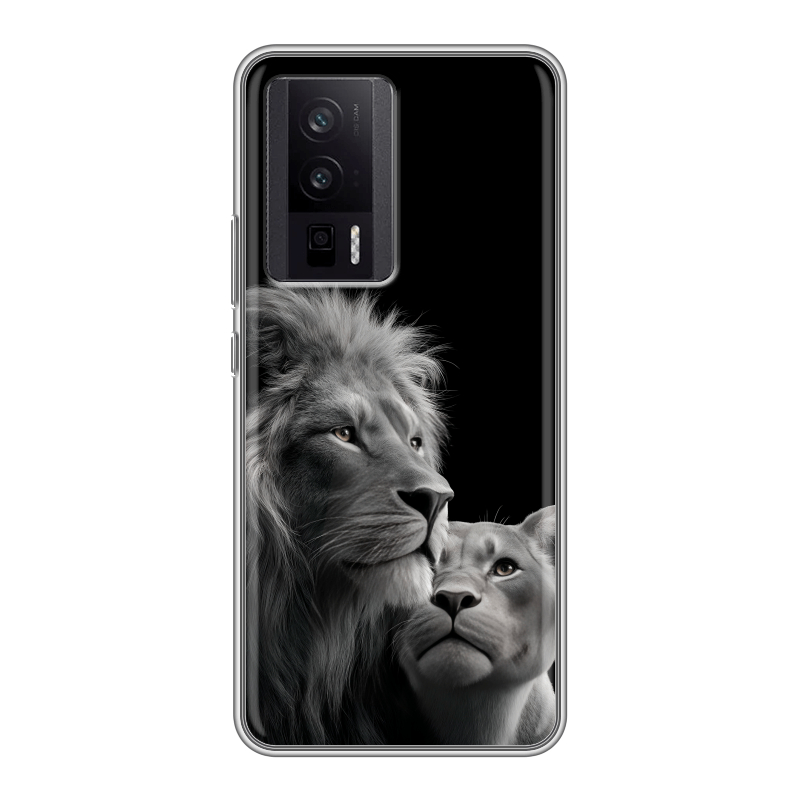 Силиконовый противоударный чехол на XIaomi Poco F5 Pro с принтом Лев кошки Силиконовый противоударный чехол на XIaomi Poco F5 Pro с принтом Лев кошки