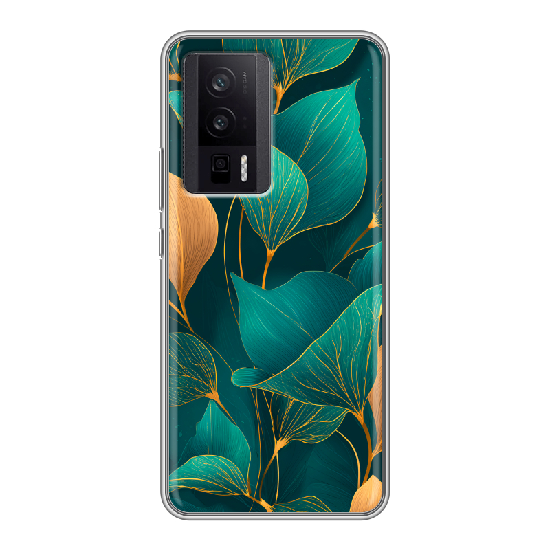 Силиконовый чехол на XIaomi Poco F5 Pro с принтом Листья и золото Силиконовый чехол на XIaomi Poco F5 Pro с принтом Листья и золото