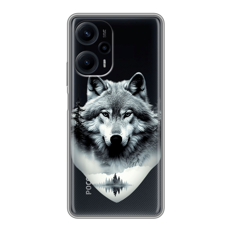 Силиконовый чехол на XIaomi Poco F5 с принтом Волк в лесу Силиконовый чехол на XIaomi Poco F5 с принтом Волк в лесу