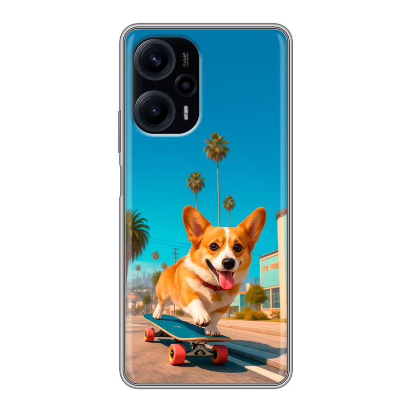 Силиконовый противоударный чехол на XIaomi Poco F5 с принтом Корги на скейте Силиконовый противоударный чехол на XIaomi Poco F5 с принтом Корги на скейте