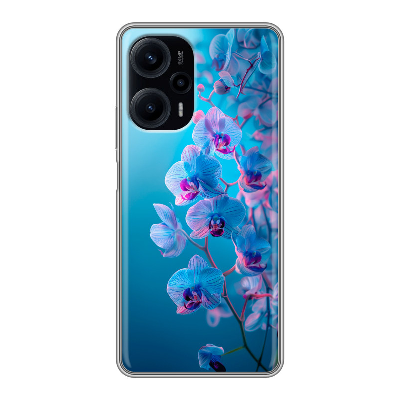 Силиконовый чехол на XIaomi Poco F5 с принтом голубые орхидеи Силиконовый чехол на XIaomi Poco F5 с принтом голубые орхидеи