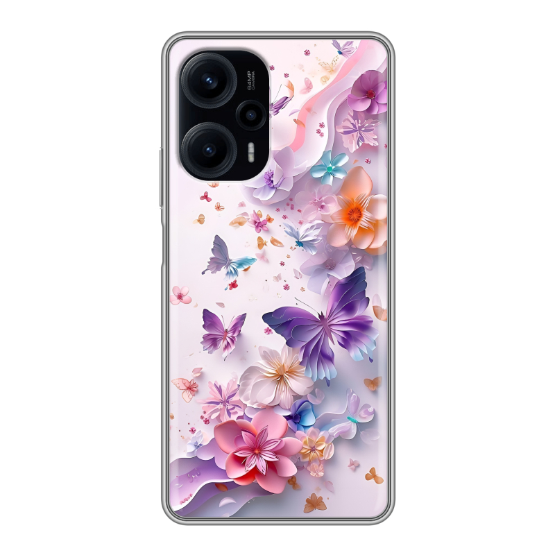 Силиконовый противоударный чехол на XIaomi Poco F5 с принтом цветы бабочки Силиконовый противоударный чехол на XIaomi Poco F5 с принтом цветы бабочки