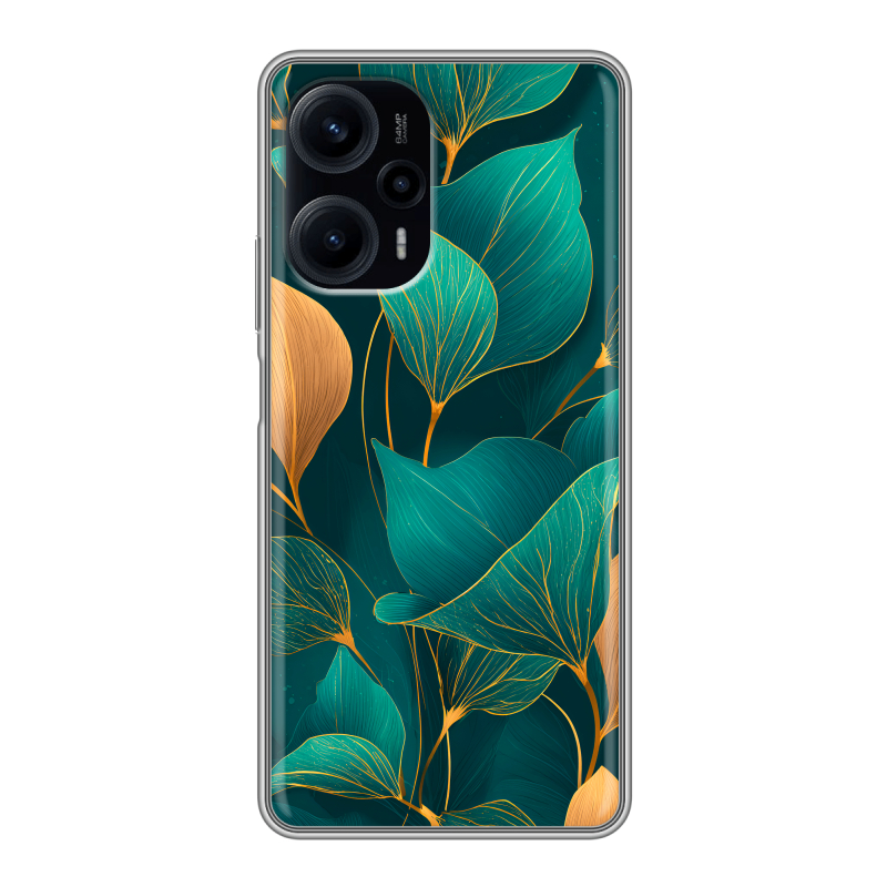 Силиконовый противоударный чехол на XIaomi Poco F5 с принтом Листья и золото Силиконовый противоударный чехол на XIaomi Poco F5 с принтом Листья и золото