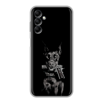 Силиконовый чехол на Samsung Galaxy M14 5G с принтом Доберман и пистолет Силиконовый чехол на Samsung Galaxy M14 5G с принтом Доберман и пистолет