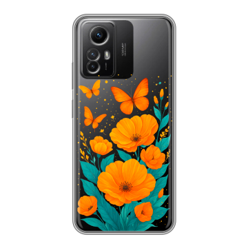 Силиконовый чехол на Xiaomi RedMi Note 12S с принтом цветы бабочки Силиконовый чехол на Xiaomi RedMi Note 12S с принтом цветы бабочки