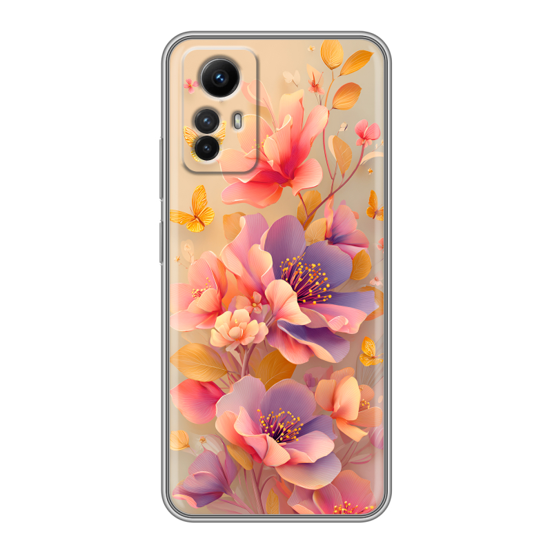 Силиконовый противоударный чехол на Xiaomi RedMi Note 12S с принтом Цветы и бабочки Силиконовый противоударный чехол на Xiaomi RedMi Note 12S с принтом Цветы и бабочки
