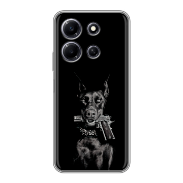 Силиконовый чехол на Infinix Note 30i с принтом Доберман и пистолет Силиконовый чехол на Infinix Note 30i с принтом Доберман и пистолет