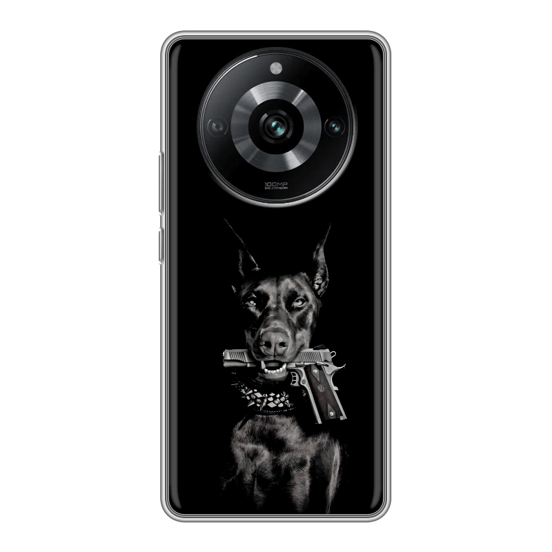 Силиконовый чехол на Realme 11 Pro с принтом Доберман и пистолет Силиконовый чехол на Realme 11 Pro с принтом Доберман и пистолет