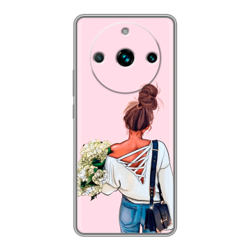 Силиконовый чехол на Realme 11 Pro Plus с принтом Девушка и букет Силиконовый чехол на Realme 11 Pro Plus с принтом Девушка и букет