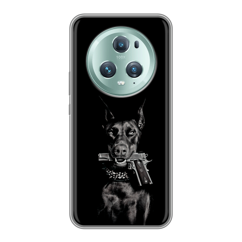 Силиконовый чехол на Huawei Honor Magic 5 Pro с принтом Доберман и пистолет Силиконовый чехол на Huawei Honor Magic 5 Pro с принтом Доберман и пистолет