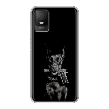 Силиконовый чехол на TCL 403 с принтом Доберман и пистолет Силиконовый чехол на TCL 403 с принтом Доберман и пистолет