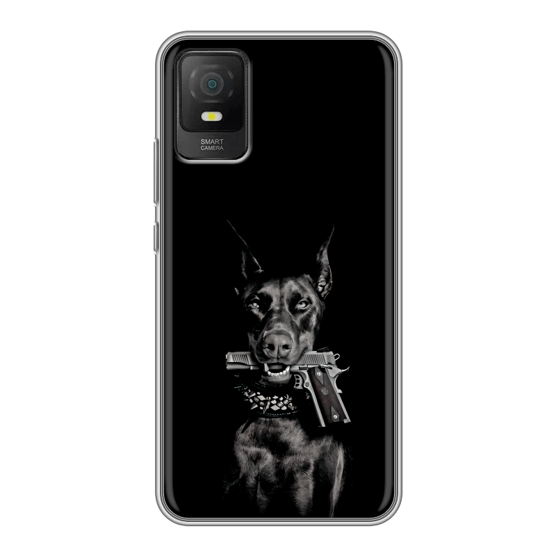 Силиконовый чехол на TCL 403 с принтом Доберман и пистолет Силиконовый чехол на TCL 403 с принтом Доберман и пистолет