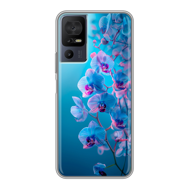 Силиконовый чехол на TCL 40 se с принтом голубые орхидеи Силиконовый чехол на TCL 40 se с принтом голубые орхидеи
