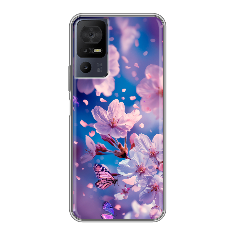 Силиконовый чехол на TCL 40 se с принтом цветы бабочки Силиконовый чехол на TCL 40 se с принтом цветы бабочки