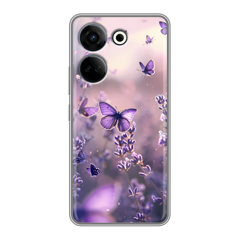 Силиконовый чехол на Tecno Camon 20 с принтом бабочки и лаванда Силиконовый чехол на Tecno Camon 20 с принтом бабочки и лаванда