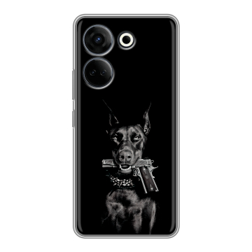 Силиконовый чехол на Tecno Camon 20 Pro 4G с принтом Доберман и пистолет Силиконовый чехол на Tecno Camon 20 Pro 4G с принтом Доберман и пистолет