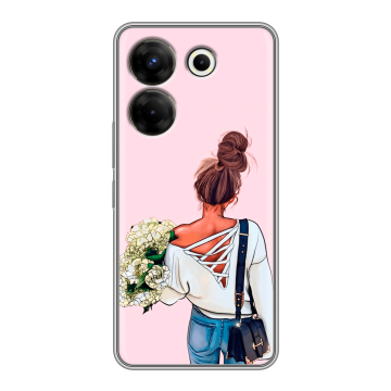 Силиконовый чехол на Tecno Camon 20 Pro 5G с принтом Девушка и букет Силиконовый чехол на Tecno Camon 20 Pro 5G с принтом Девушка и букет