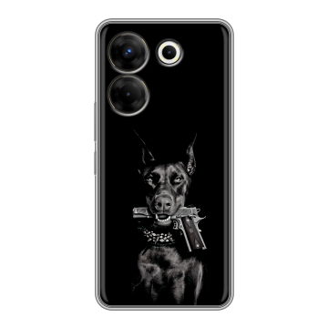 Силиконовый чехол на Tecno Camon 20 Pro 5G с принтом Доберман и пистолет Силиконовый чехол на Tecno Camon 20 Pro 5G с принтом Доберман и пистолет