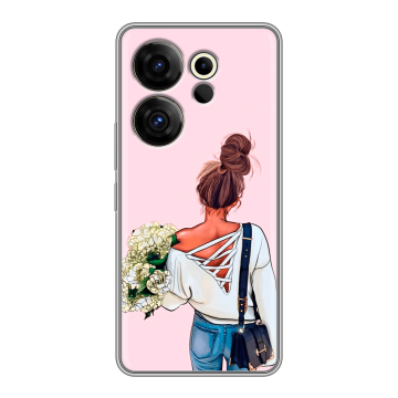 Силиконовый чехол на Tecno Camon 20 Premier с принтом Девушка и букет Силиконовый чехол на Tecno Camon 20 Premier с принтом Девушка и букет
