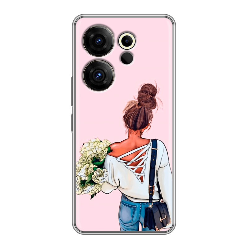 Силиконовый чехол на Tecno Camon 20 Premier с принтом Девушка и букет Силиконовый чехол на Tecno Camon 20 Premier с принтом Девушка и букет