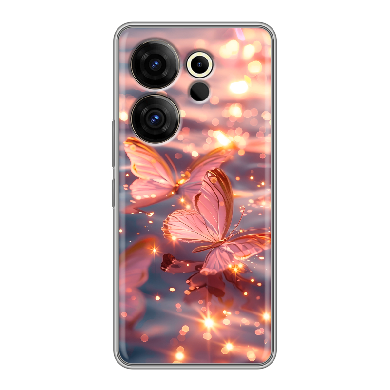Силиконовый чехол на Tecno Camon 20 Premier с принтом бабочки розовые Силиконовый чехол на Tecno Camon 20 Premier с принтом бабочки розовые