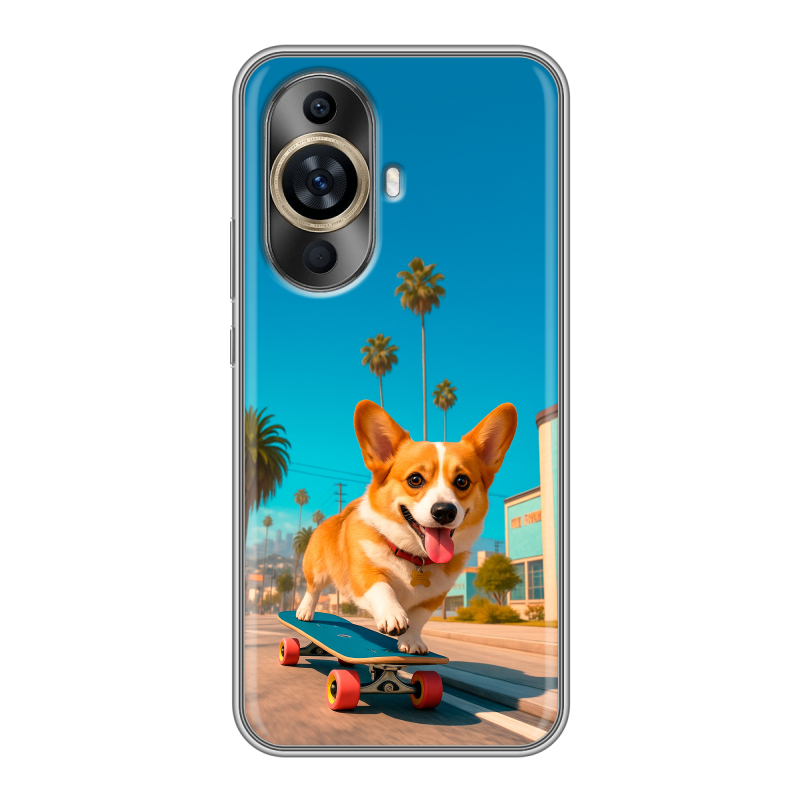 Силиконовый противоударный чехол на Huawei Nova 11 с принтом Корги на скейте Силиконовый противоударный чехол на Huawei Nova 11 с принтом Корги на скейте