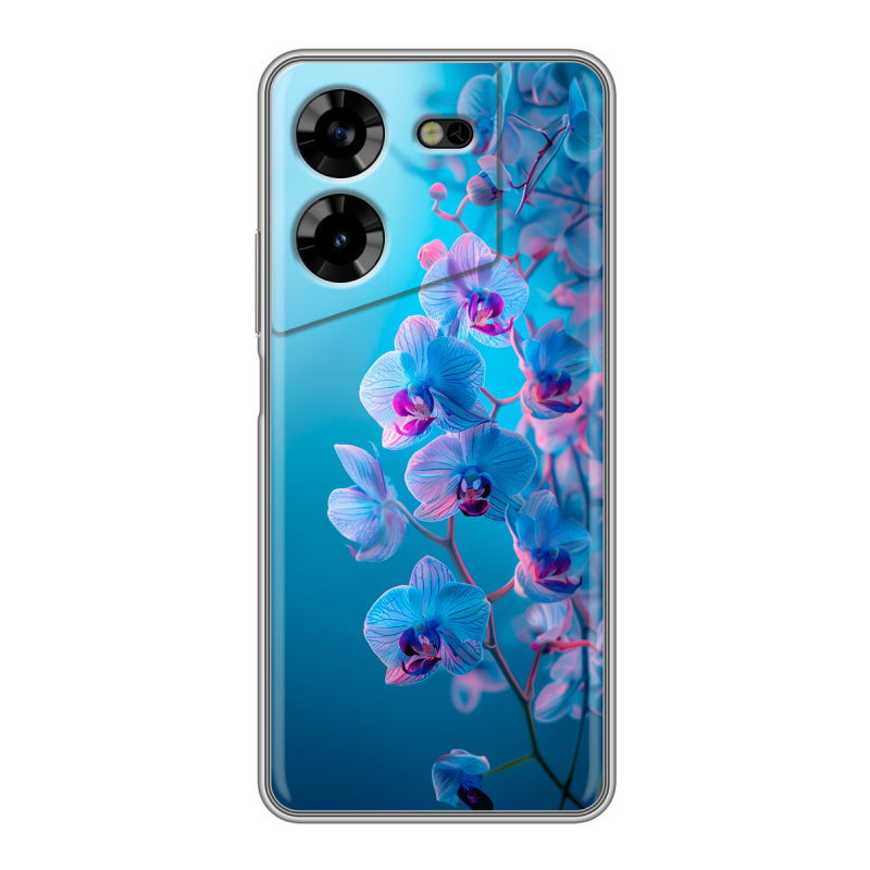 Силиконовый противоударный чехол на Tecno Pova 5 4G с принтом голубые орхидеи Силиконовый противоударный чехол на Tecno Pova 5 4G с принтом голубые орхидеи