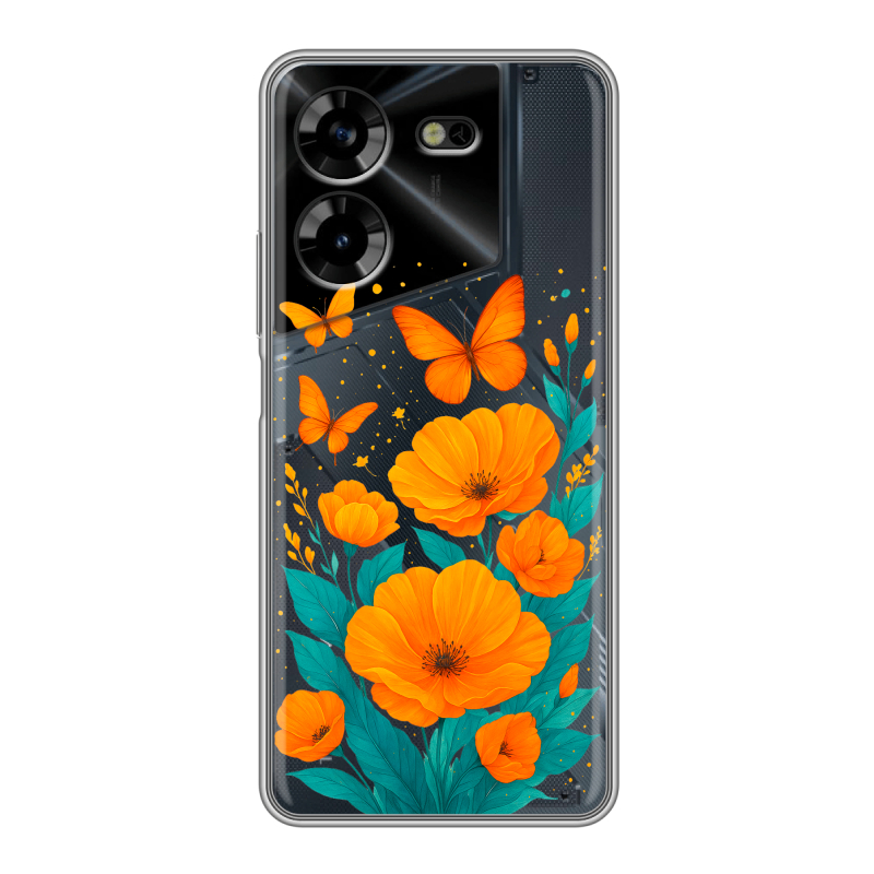 Силиконовый чехол на Tecno Pova 5 4G с принтом цветы бабочки Силиконовый чехол на Tecno Pova 5 4G с принтом цветы бабочки