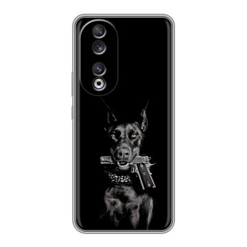 Силиконовый чехол на Huawei Honor 90 с принтом Доберман и пистолет Силиконовый чехол на Huawei Honor 90 с принтом Доберман и пистолет