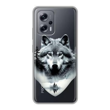 Силиконовый чехол на Xiaomi RedMi Note 12T Pro с принтом Волк в лесу Силиконовый чехол на Xiaomi RedMi Note 12T Pro с принтом Волк в лесу