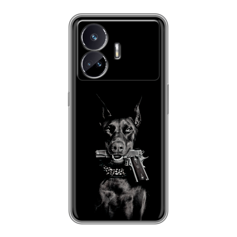 Силиконовый чехол на Realme GT Neo 5 SE с принтом Доберман и пистолет Силиконовый чехол на Realme GT Neo 5 SE с принтом Доберман и пистолет