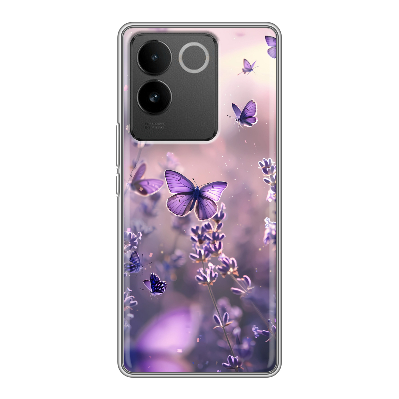 Силиконовый чехол на Vivo S17e с принтом бабочки и лаванда Силиконовый чехол на Vivo S17e с принтом бабочки и лаванда