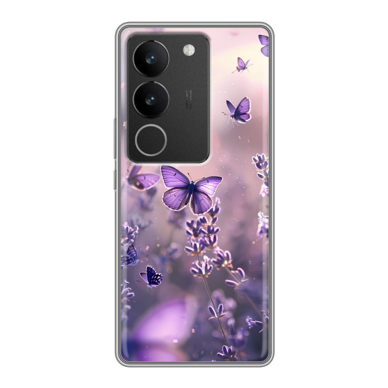 Силиконовый противоударный чехол на Vivo S17 с принтом бабочки и лаванда Силиконовый противоударный чехол на Vivo S17 с принтом бабочки и лаванда