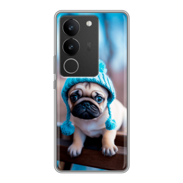 Силиконовый чехол на Vivo S17 Pro с принтом Мопс в шапке Силиконовый чехол на Vivo S17 Pro с принтом Мопс в шапке